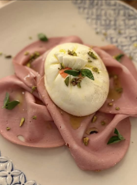 Burrata, mortadella e pistacchio at Artista Cucina, Canggu